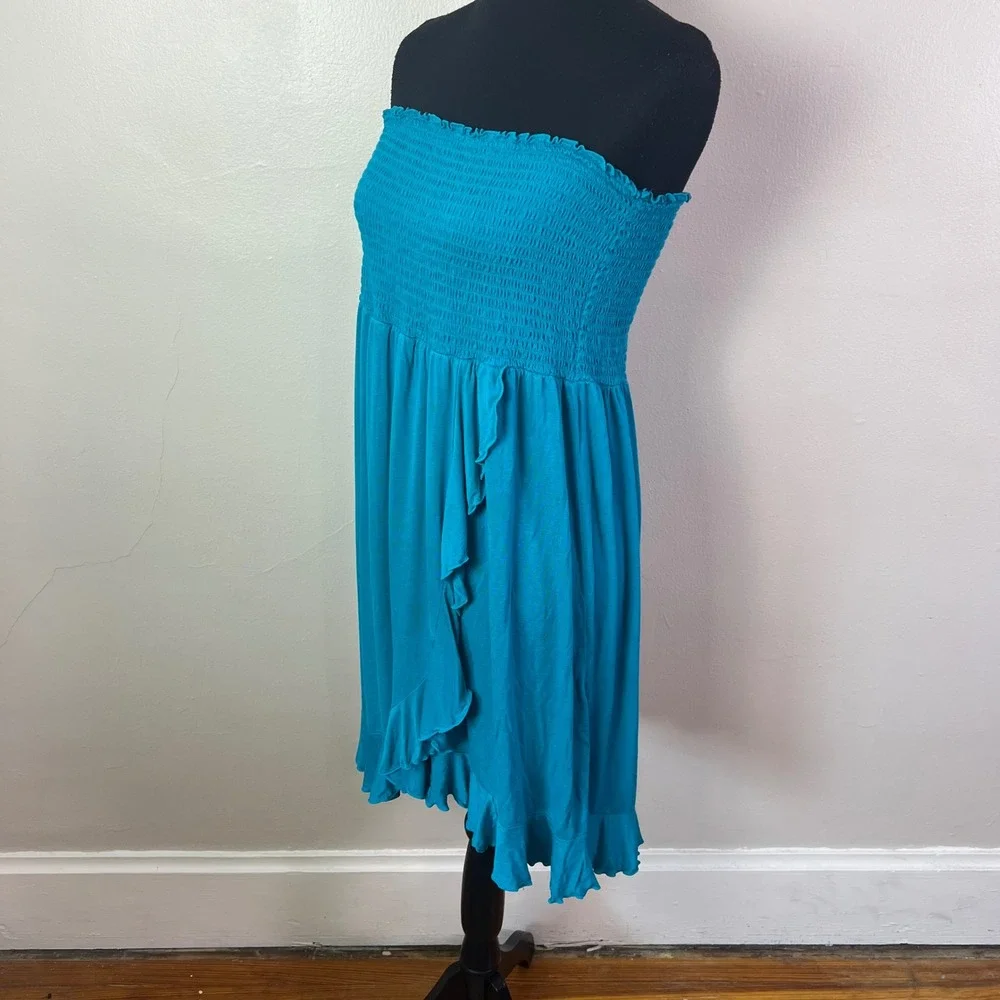 Dotti Smocked Strapless Tube Dress XL Teal Blue Ruffle Hem Summer Beach Coverup - Picture 2 of 6